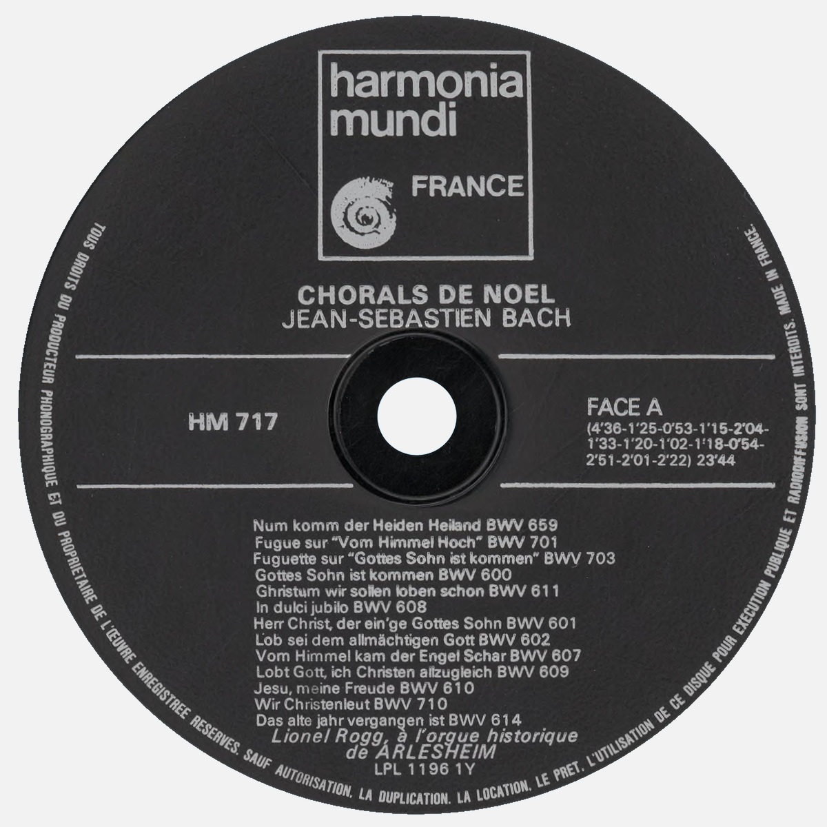 Étiquette recto du disque Harmonia Mundi HM 717