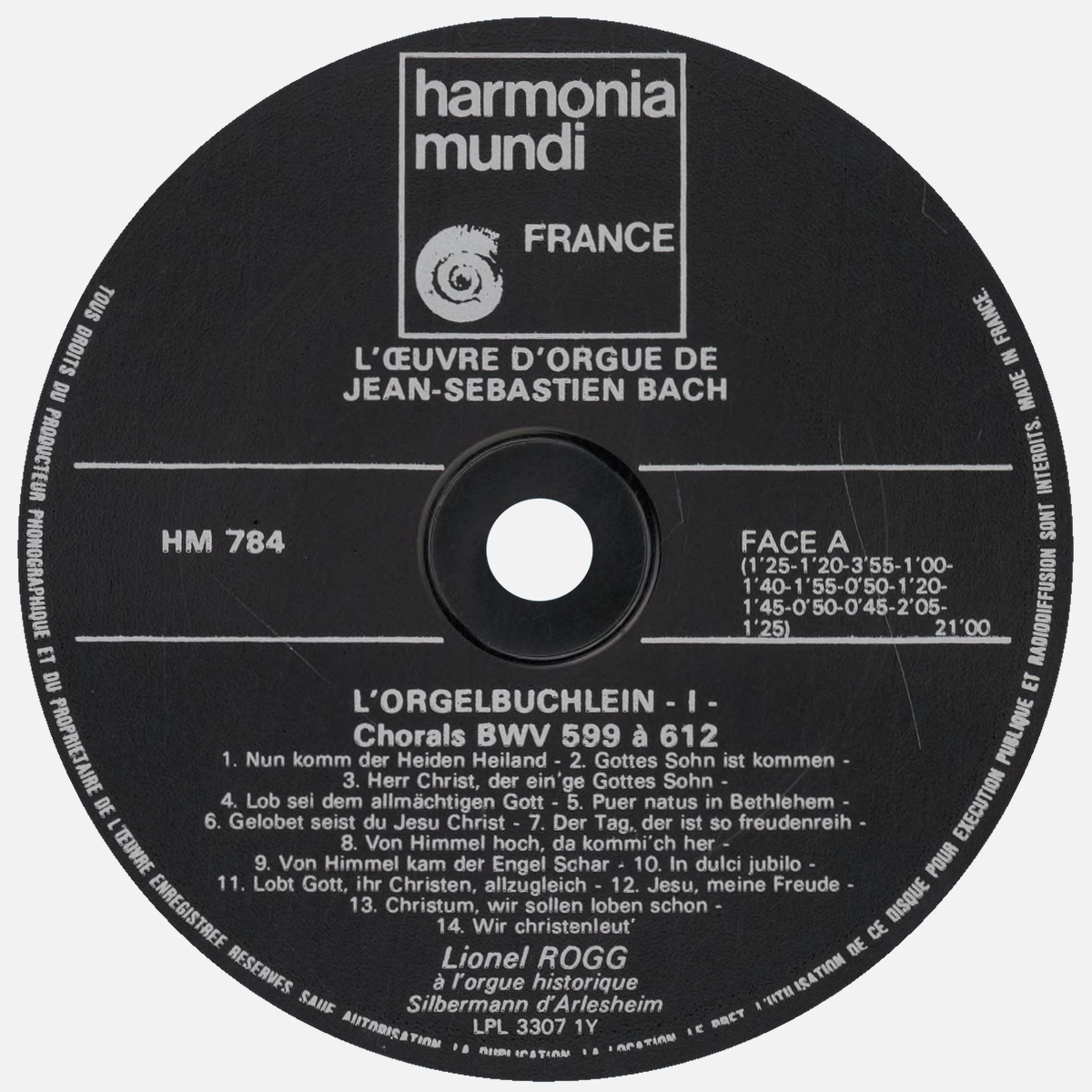 Étiquette recto du disque Harmonia Mundi HM 784