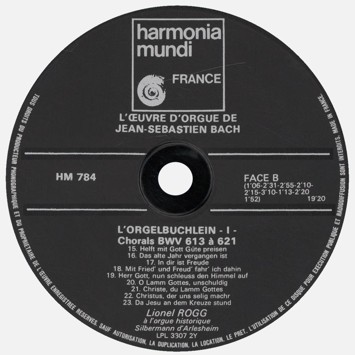 Étiquette verso du disque Harmonia Mundi HM 784