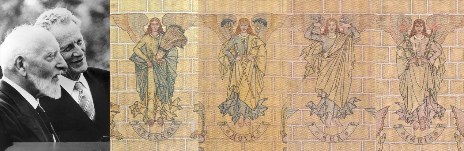 À gauche Ernest Ansermet et Frank Martin, Genève 1962, à côté. Les Quatre Éléments, une représentation allégorique de August Essenwein au Kaiserdom Königslutter (1890)