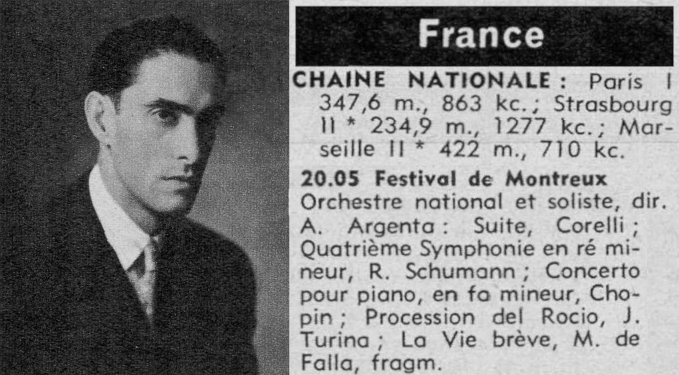 Ataúlfo Argenta (Radio Je vois tout, 1er mars 1956, page 37) et montage programme France I (Radio Je vois tout du 20 septembre 1956, pages 29 et 30)