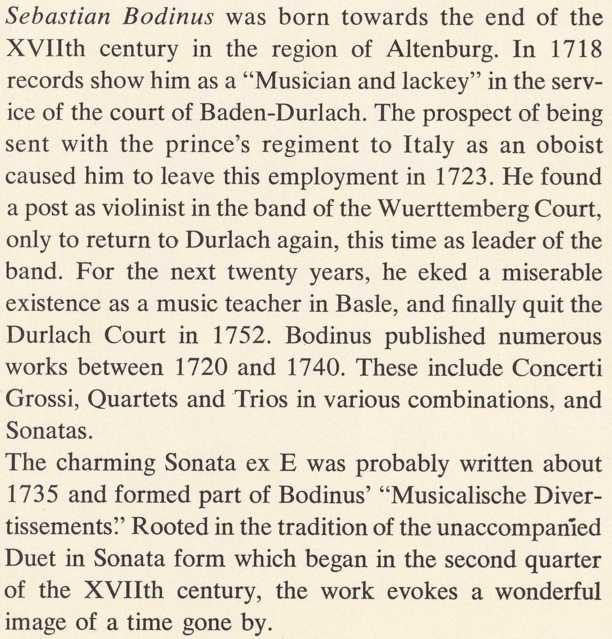 Extrait Bodinus verso de la pochette du disque Baroque Records 2855