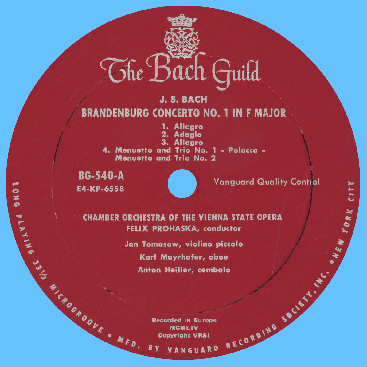 Étiquette recto du disque The Bach Guild BG 540