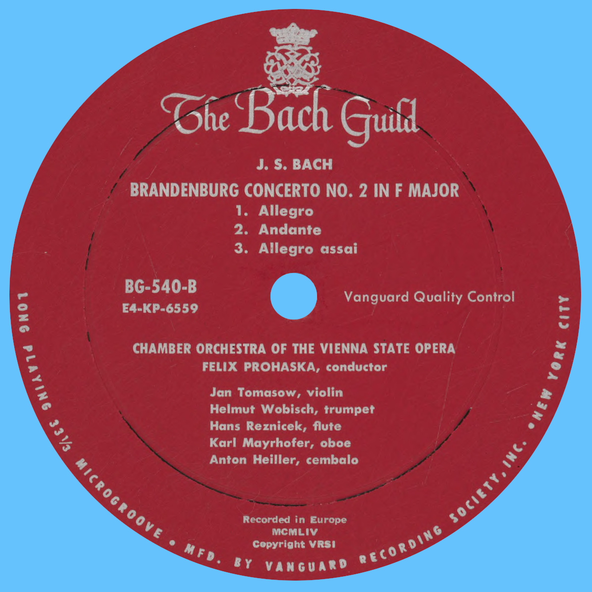 Étiquette verso du disque The Bach Guild BG 540