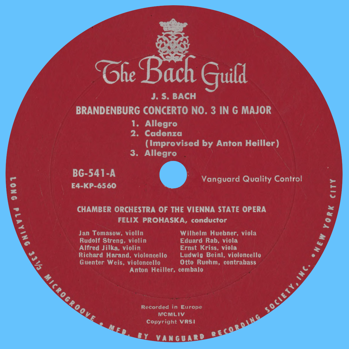 Étiquette recto du disque The Bach Guild BG 541