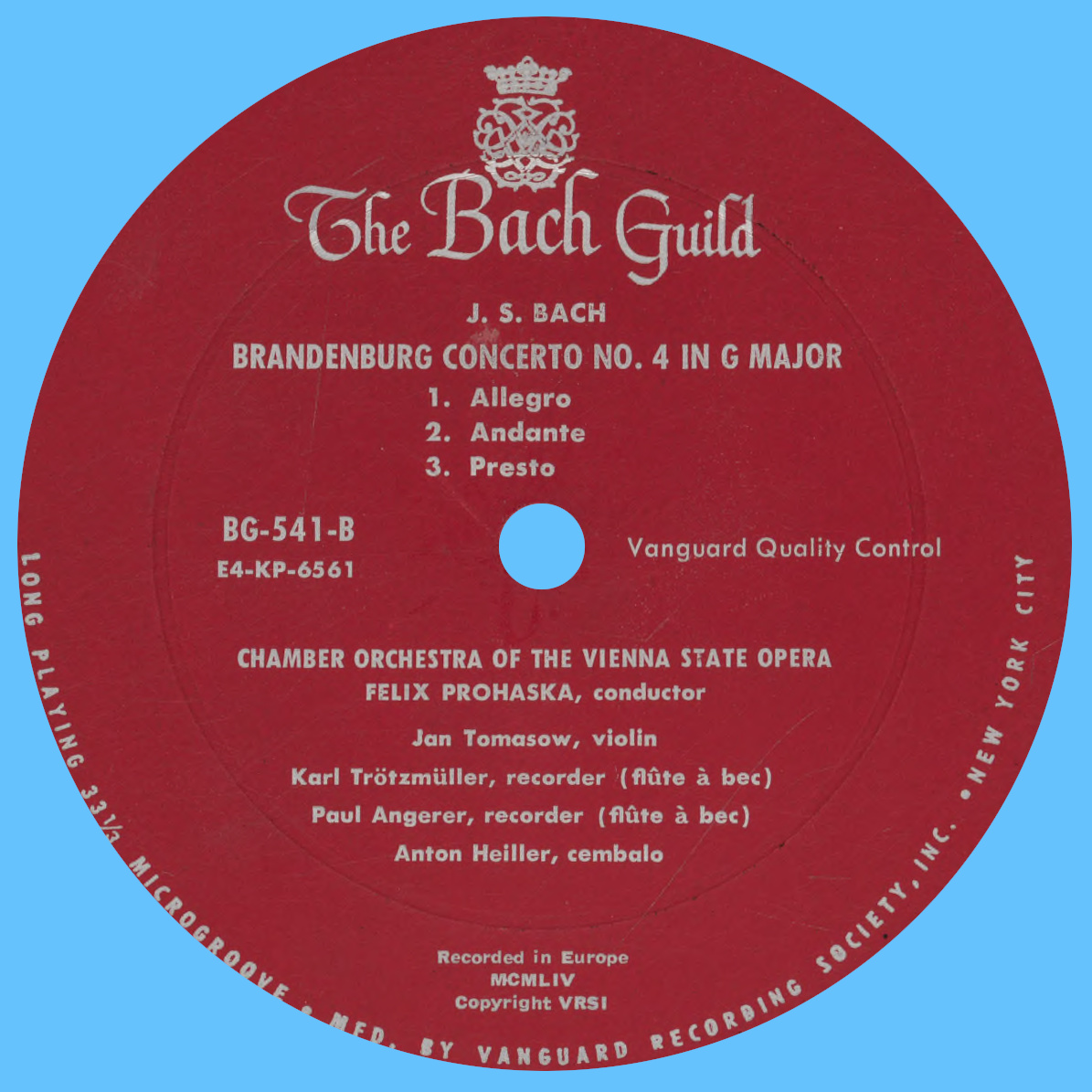 Étiquette verso du disque The Bach Guild BG 541