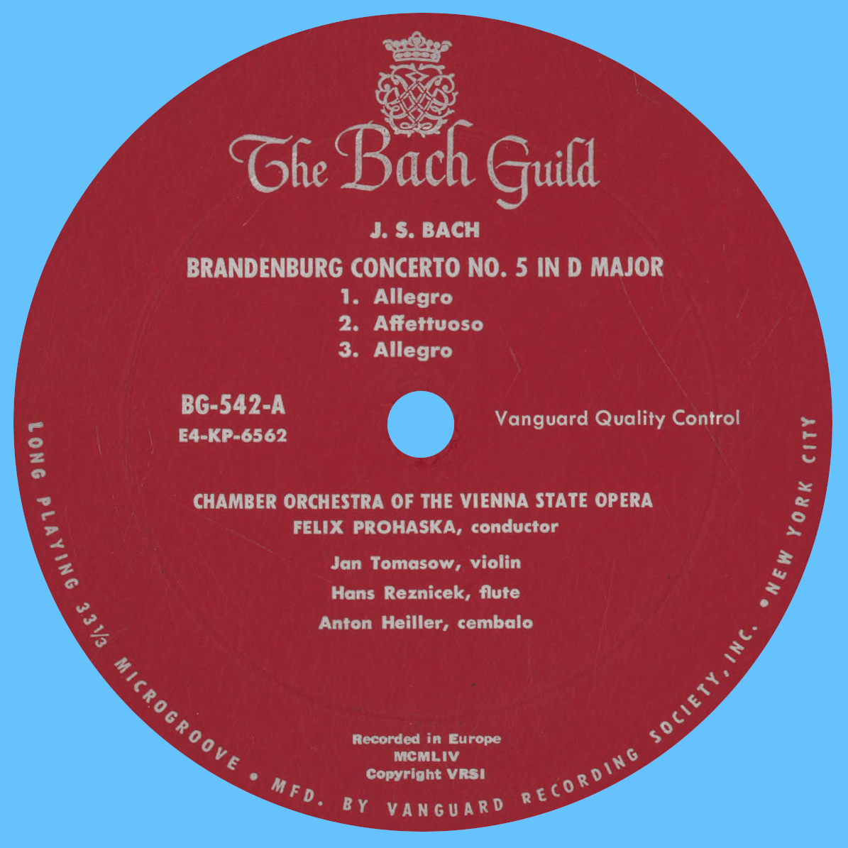 Étiquette recto du disque The Bach Guild BG 542