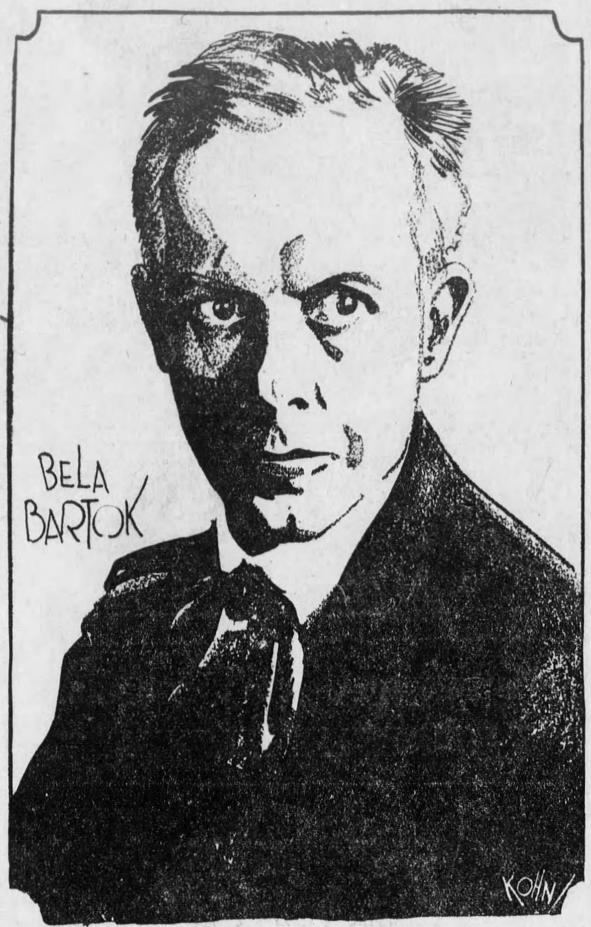 Portrait de Bela BARTOK - graphiste KOHN - paru dans le The Cincinnati Enquirer du dimanche 19 février 1928, à l'occasion de concerts donné par Bela Bartok avec le Cincinnati Symphony Orchestra les 24 et 25 février 1928, cliquer pour une vue agrandie