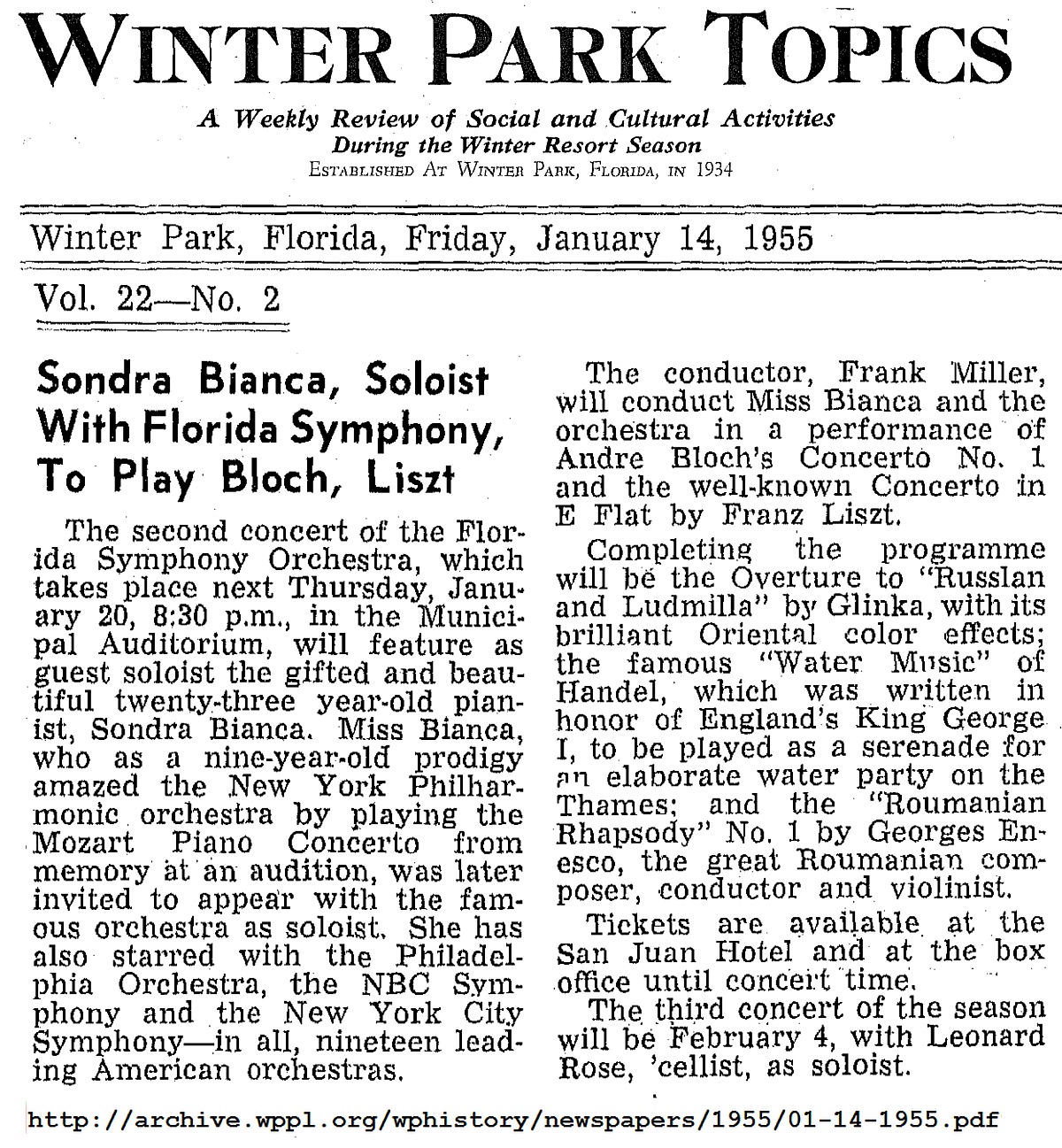 Annonce concert Sondra Bianca, Florida Symphony, Frank Miller, «Winter Park Topics», 14 janvier 1955