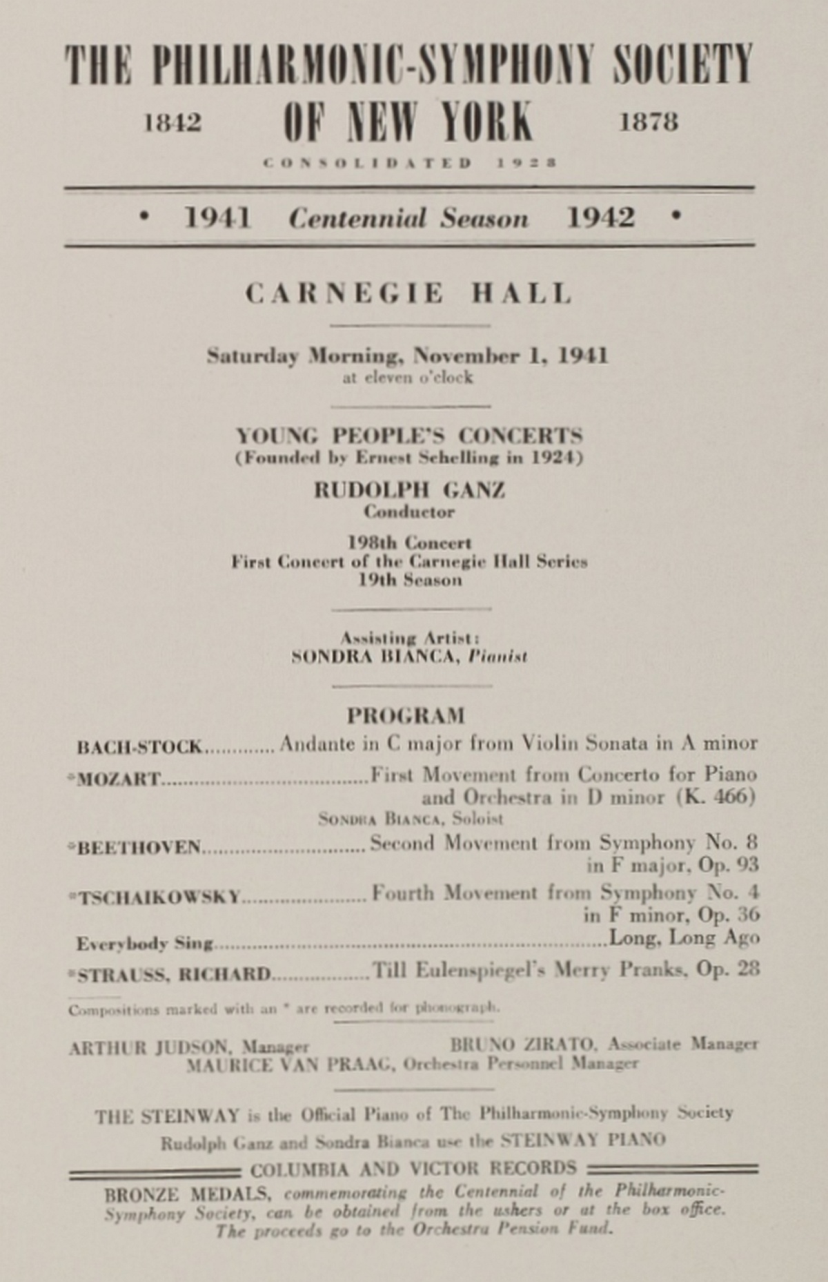 1er grand concert de Sondra BIANCA, Carnegie Hall de New York, Orchestre Philharmonique de New York, Rudolph Ganz