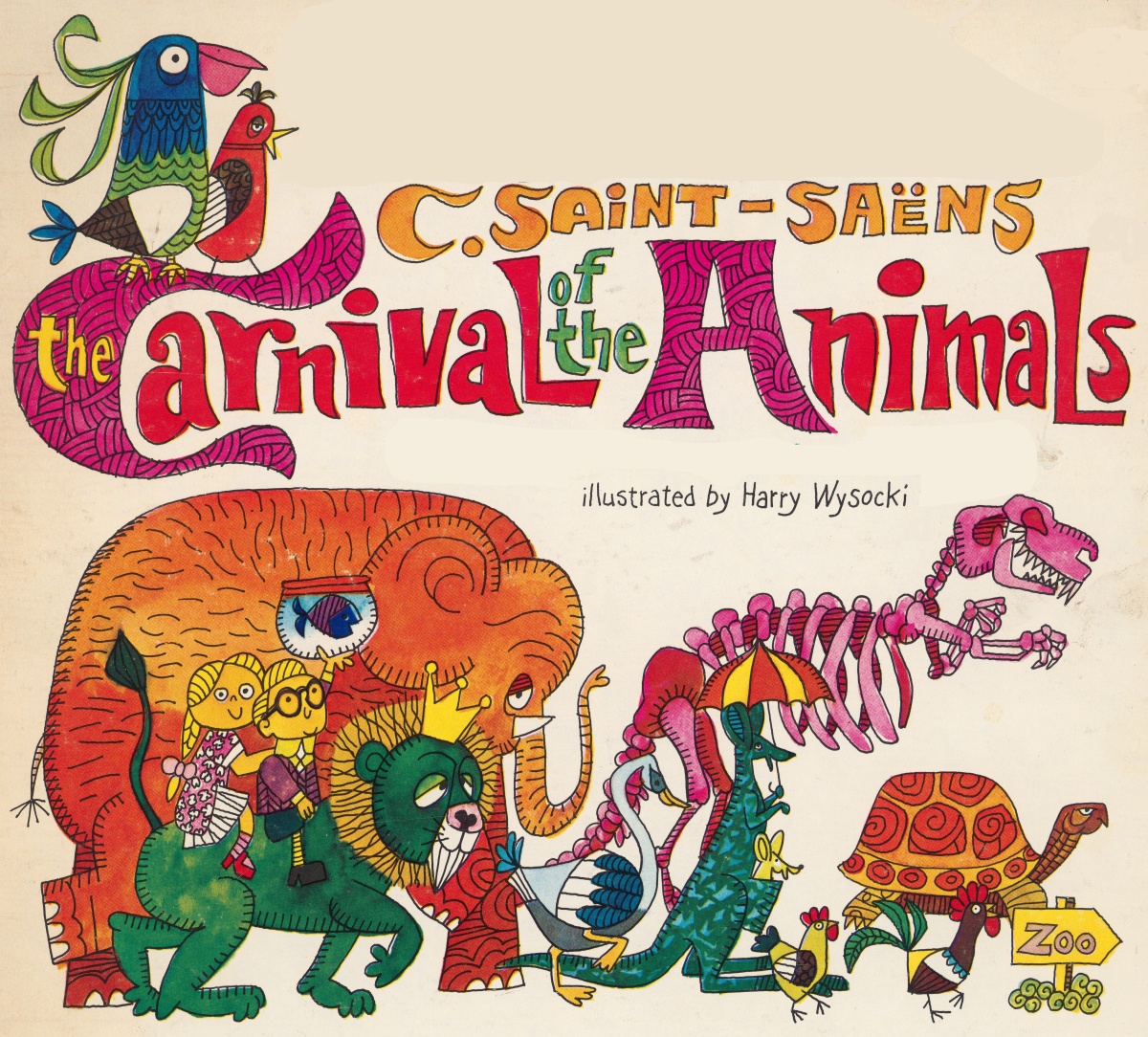 Le Carnaval des Animaux de Saint-Saëns, une illustration de Harry WYSOCKI citée de la couverture de l'album WALT-DISNEY BUENA VISTA RECORDS BV 4028 publié en 1967