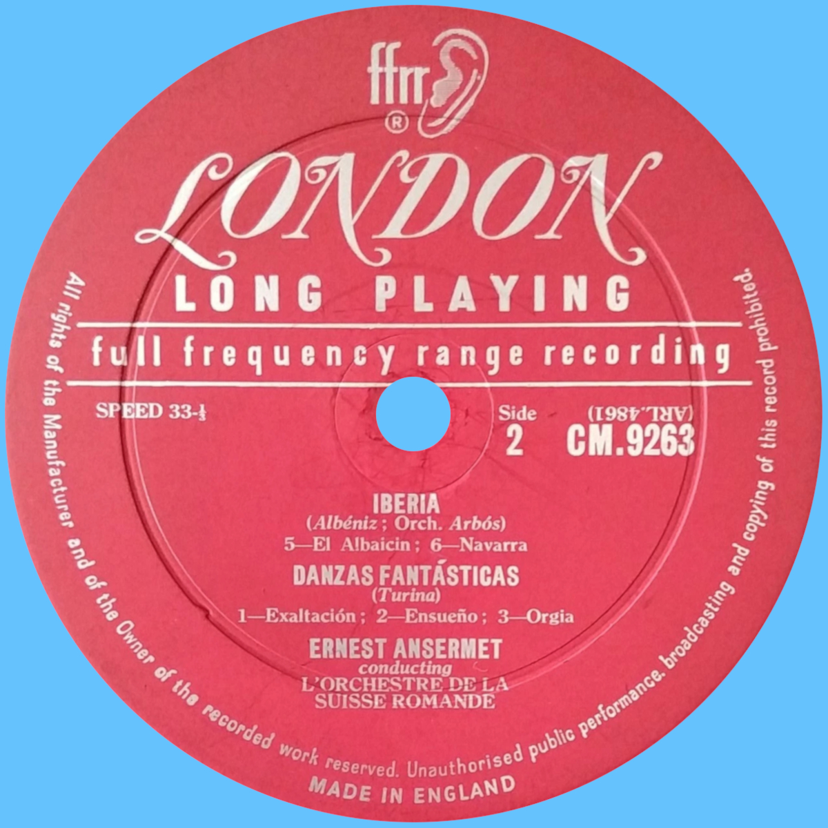 Étiquette verso du disque Decca LONDON CM 9263