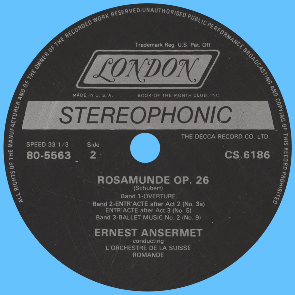Étiquette verso du disque Decca London CS 6186