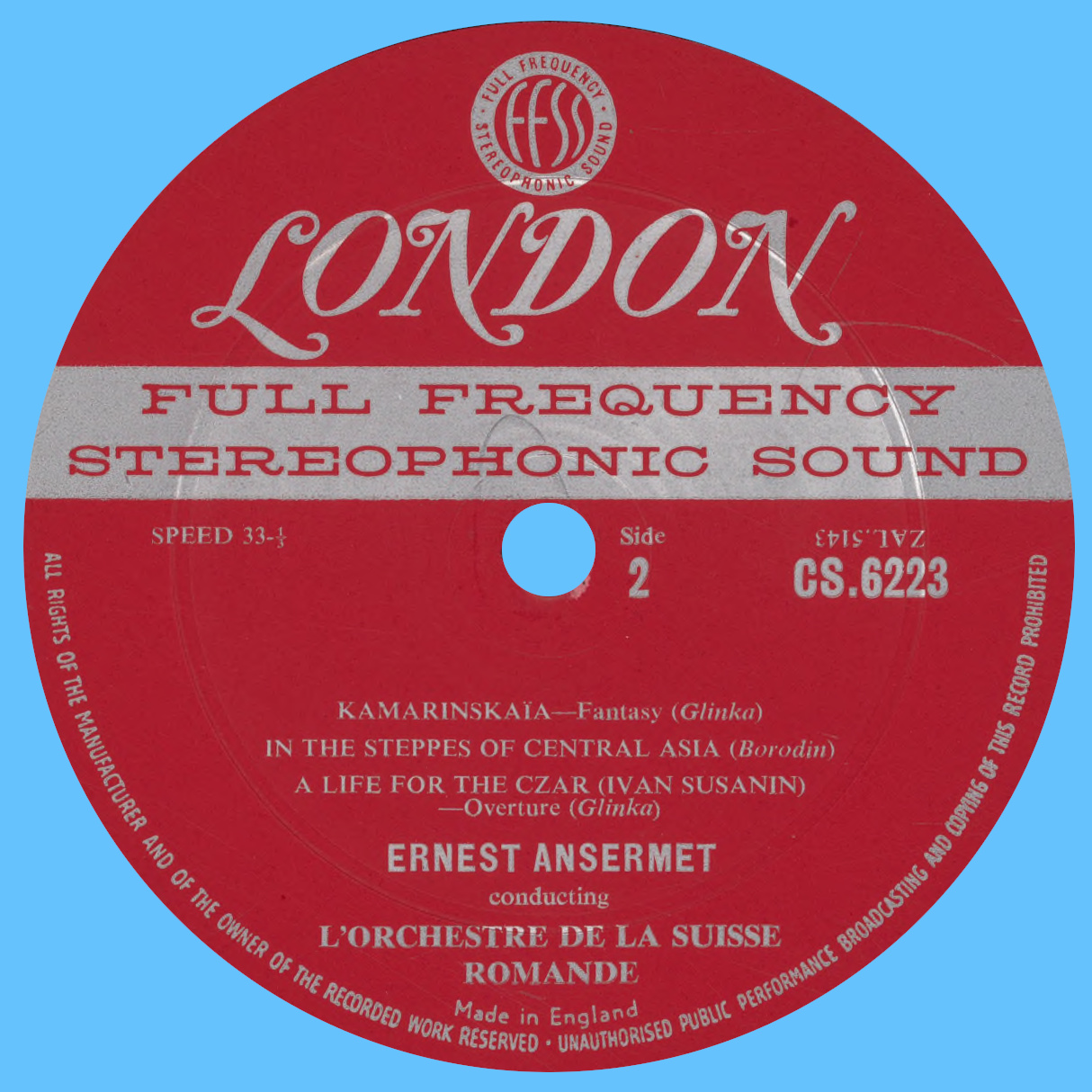 Étiquette verso du disque Decca LONDON CS 6223