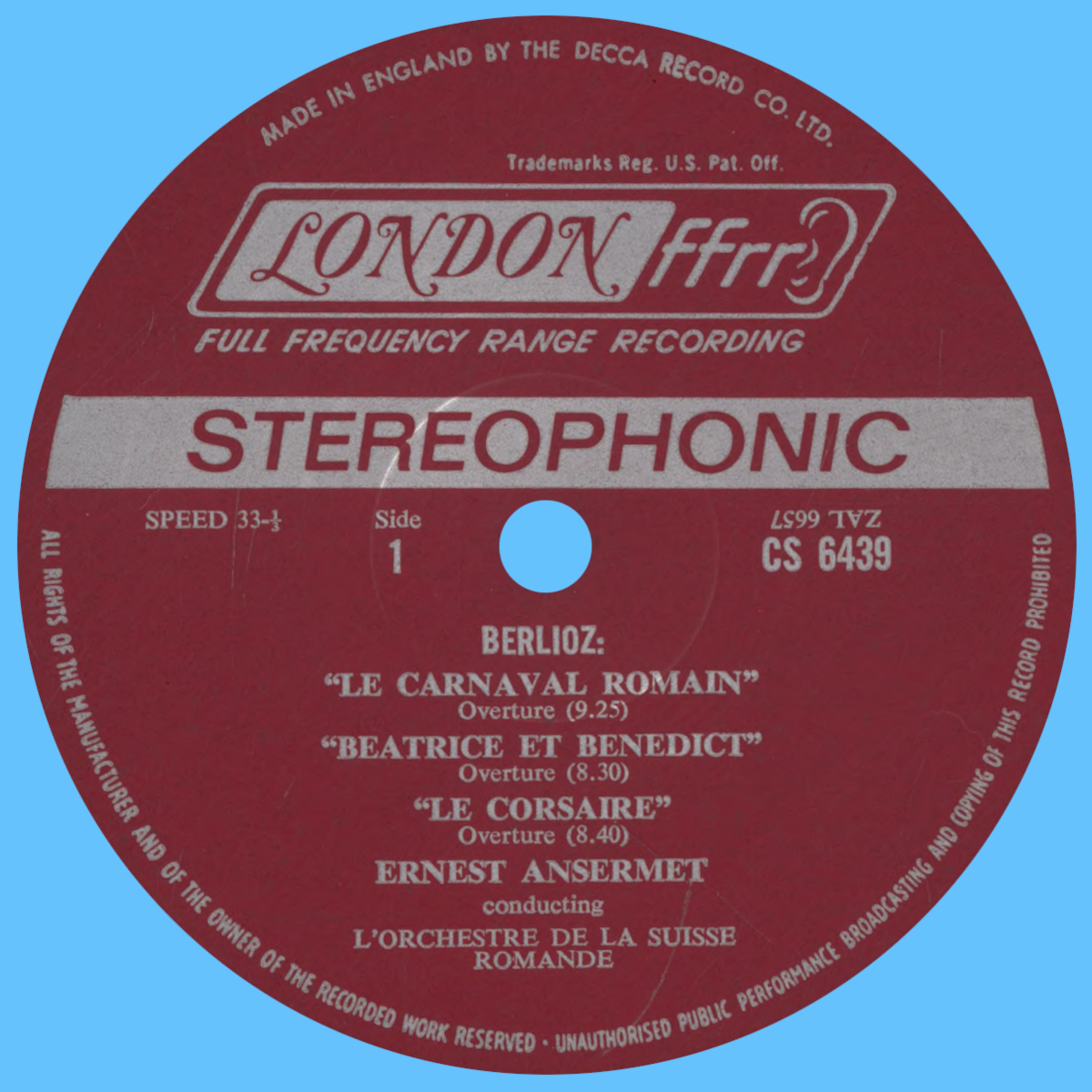 Étiquette recto du disque Decca LONDON CS 6439