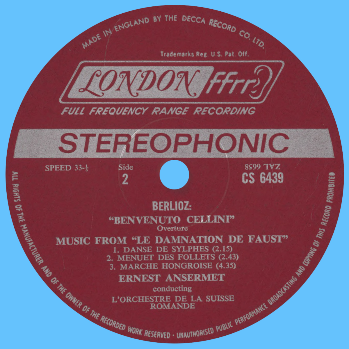 Étiquette verso du disque Decca LONDON CS 6439