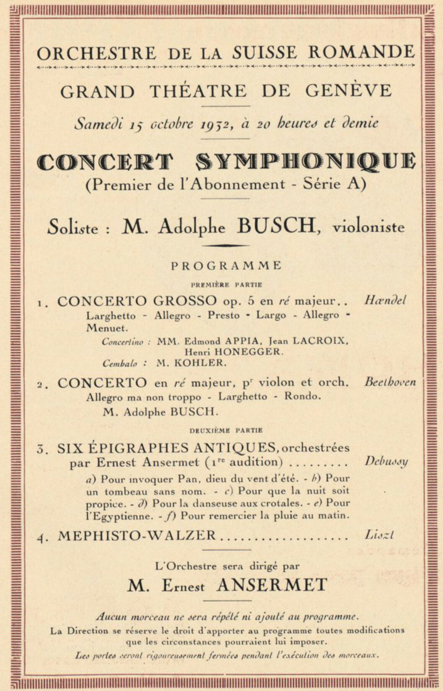Extrait cité de la brochure-programme du concert du 15 octobre 1932, cliquer pour une vue agrandie