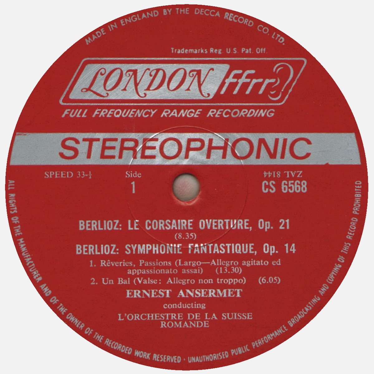 Berlioz, Symphonie Fantastique, OSR, Ernest ANSERMET, Decca 1968, Cliquer sur la photo pour une vue agrandie et les références