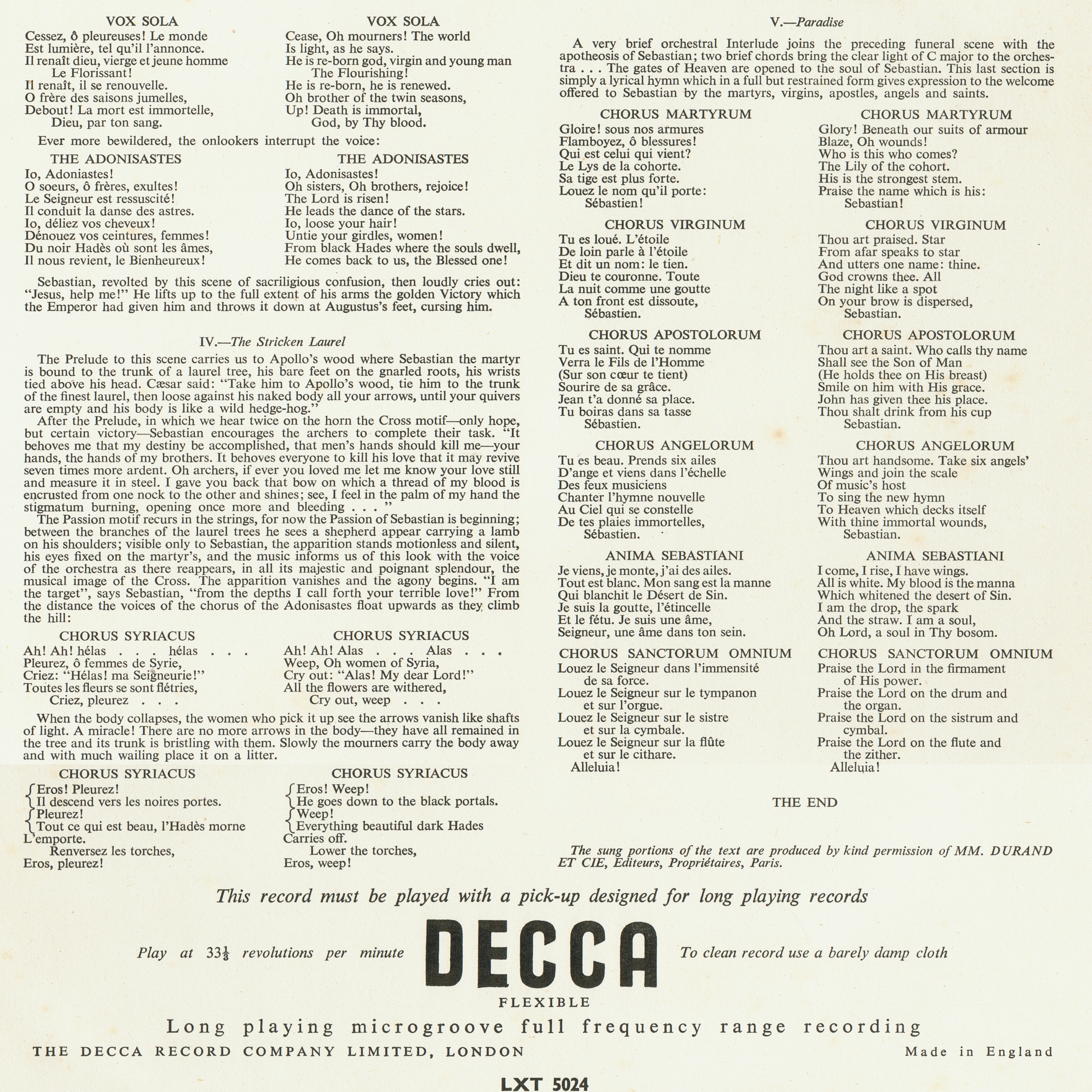 Verso insert du disque Decca LXT 5024, Cliquer sur la photo pour une vue agrandie et les références