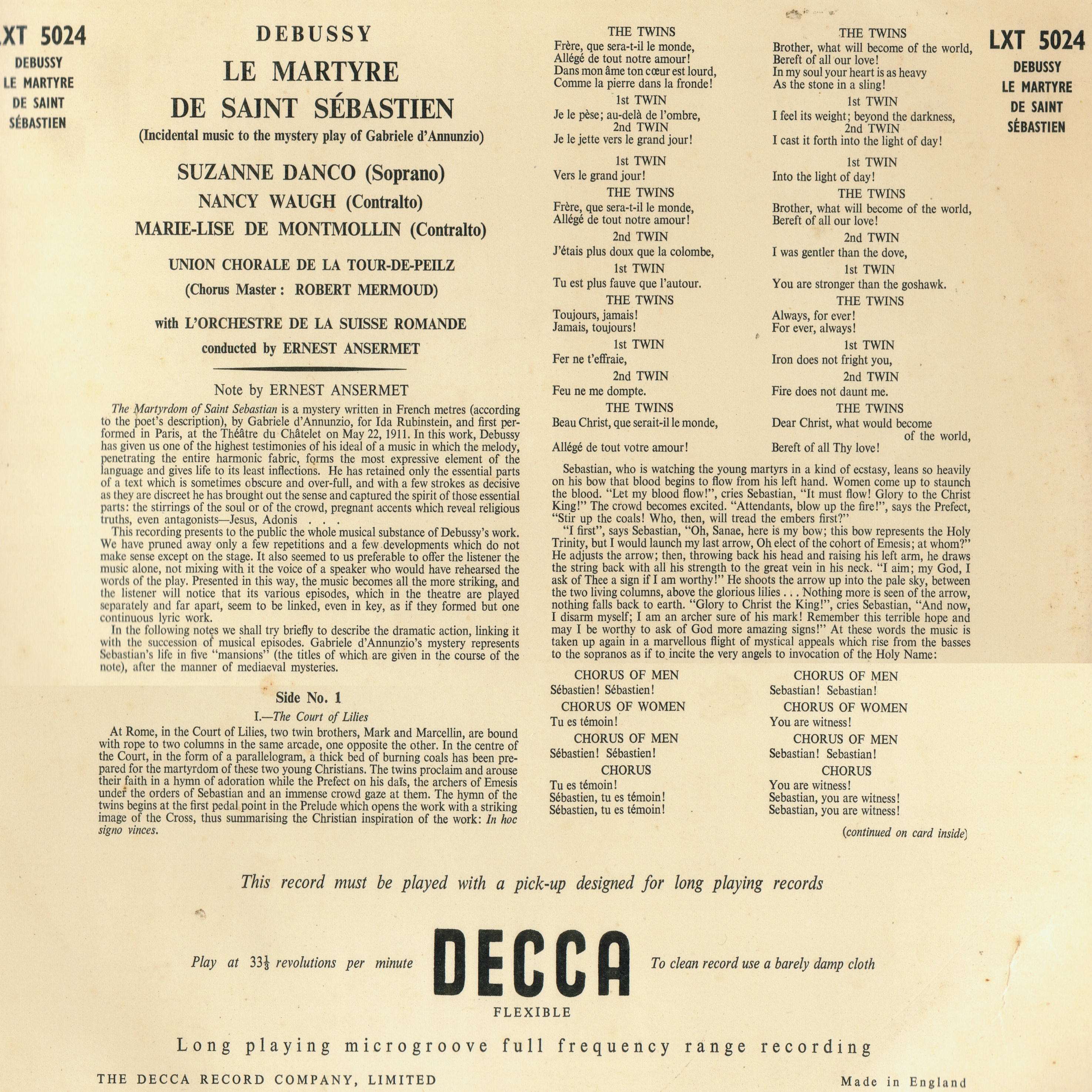 Verso de la pochette du disque Decca LXT 5024, Cliquer sur la photo pour une vue agrandie et les références