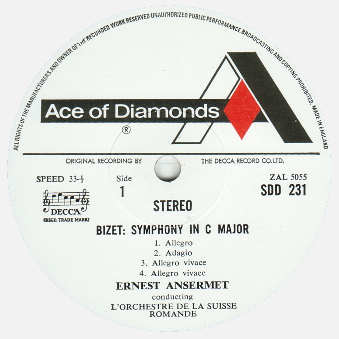 Étiquette recto du disque Decca Ace of Diamonds SDD 231, cliquer pour une vue agrandie