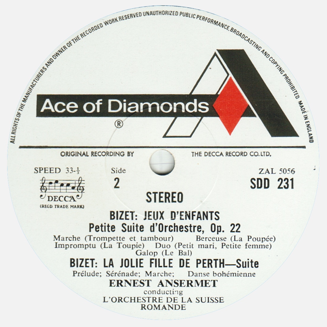 Étiquette verso du disque Decca Ace of Diamonds SDD 231, cliquer pour une vue agrandie