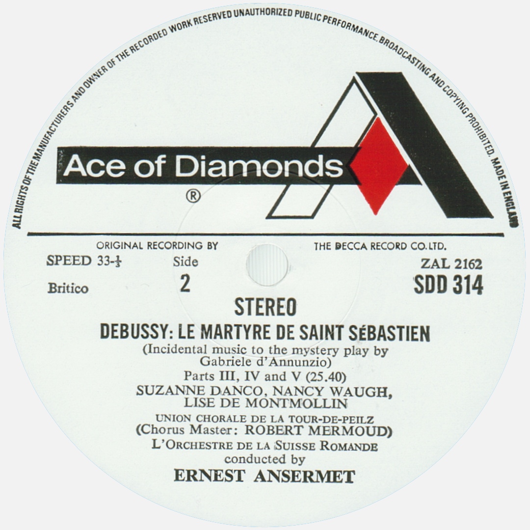 Étiquette verso du disque Decca SDD 314, Cliquer sur la photo pour une vue agrandie et les références