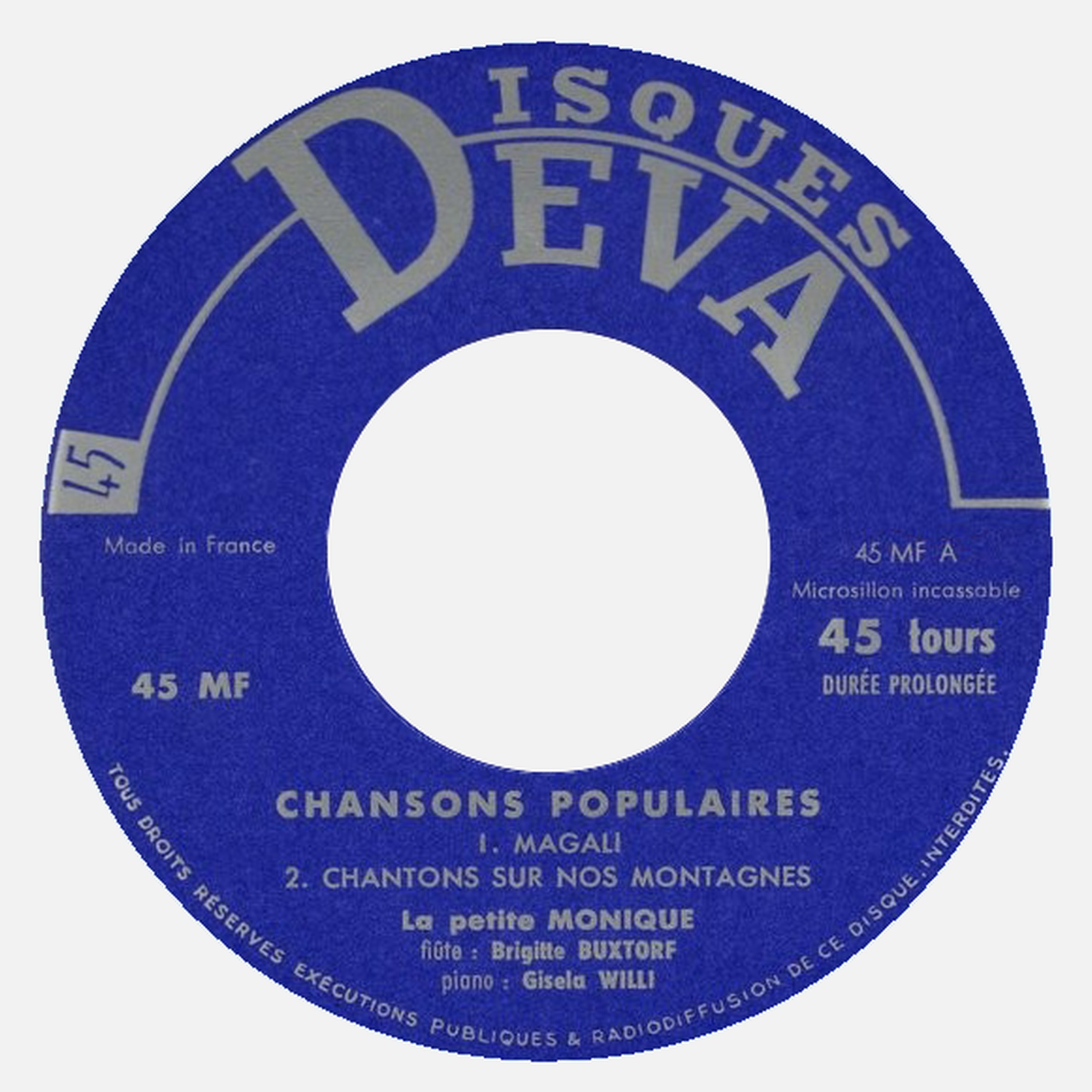 Étiquette recto du disque 45 tours Deva 45 MF, cliquer pour une vue agrandie