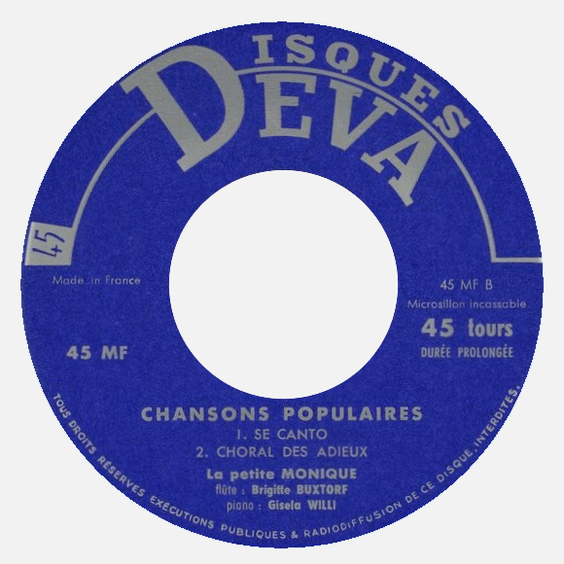 Étiquette verso du disque 45 tours Deva 45 MF, cliquer pour une vue agrandie
