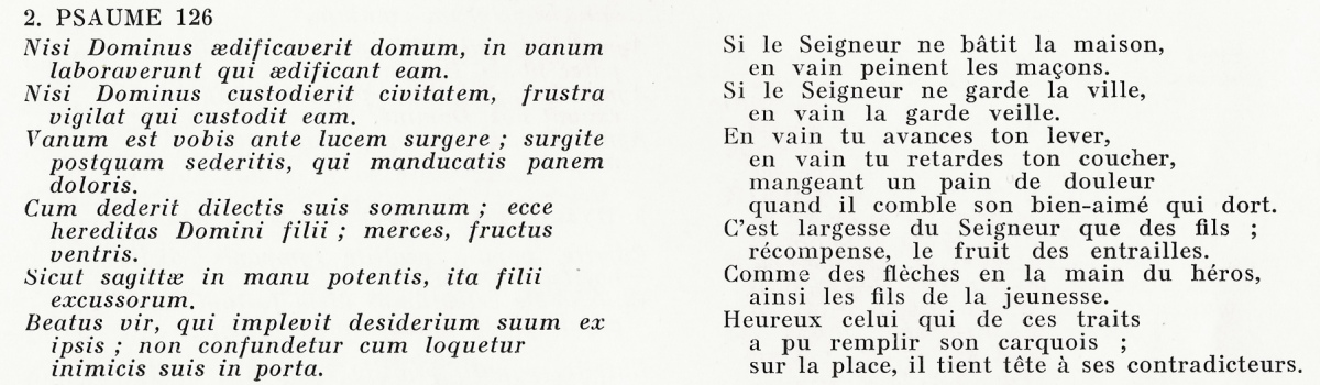 Paroles du Nisi dominus pour 3 voix et 2 violons et continuo (P.11, Messa a 4 voci et Salmi, 1650), disque ERATO STU 70386