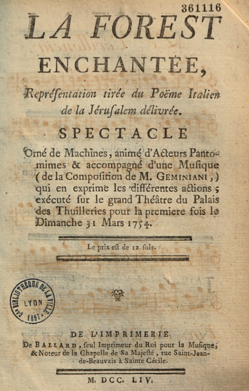page de couverture du livret de La Forêt Enchantée, édition de 1754, référence donnée en dessous de cette photo