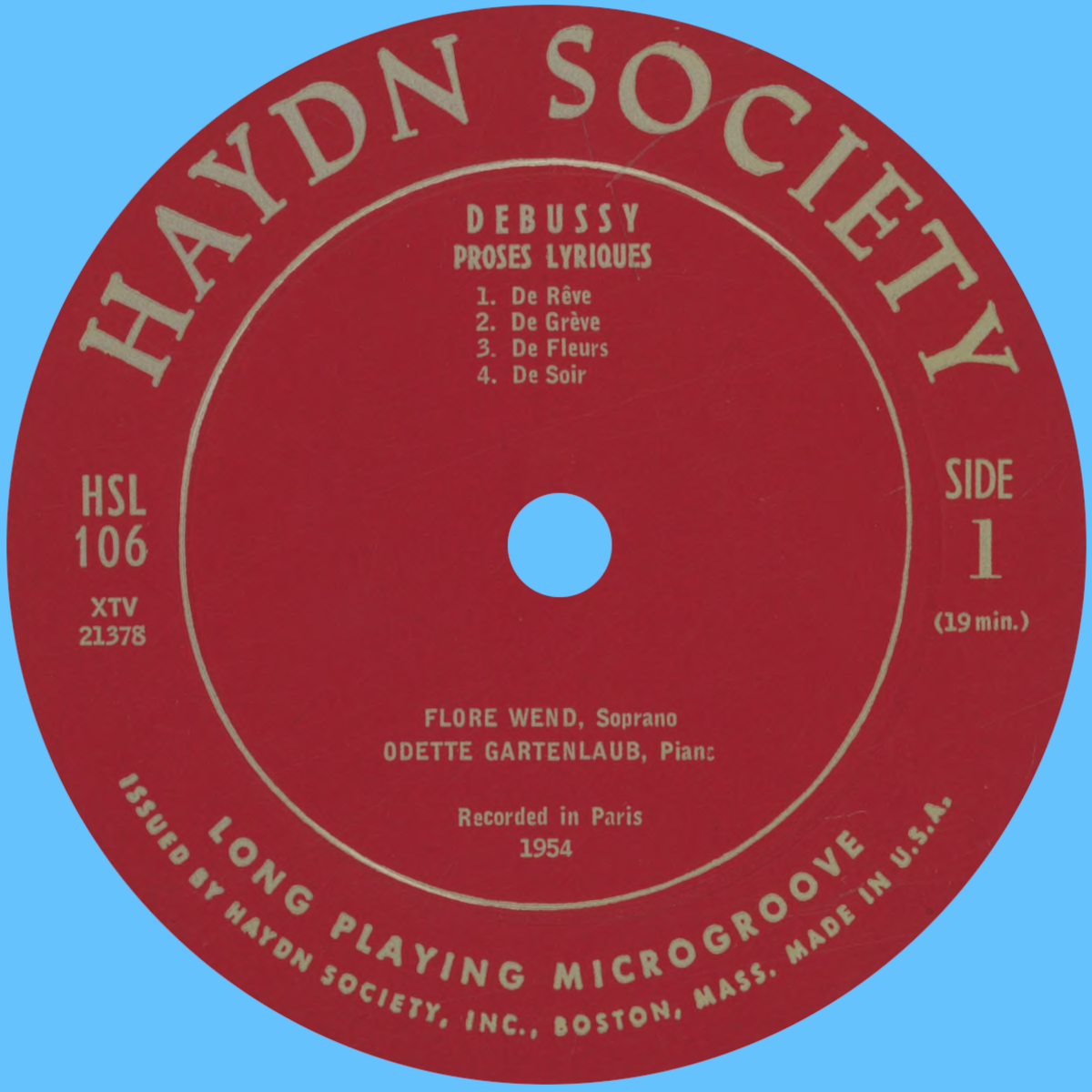 Étiquette recto du disque „The Haydn Society Boston“ HSL 106