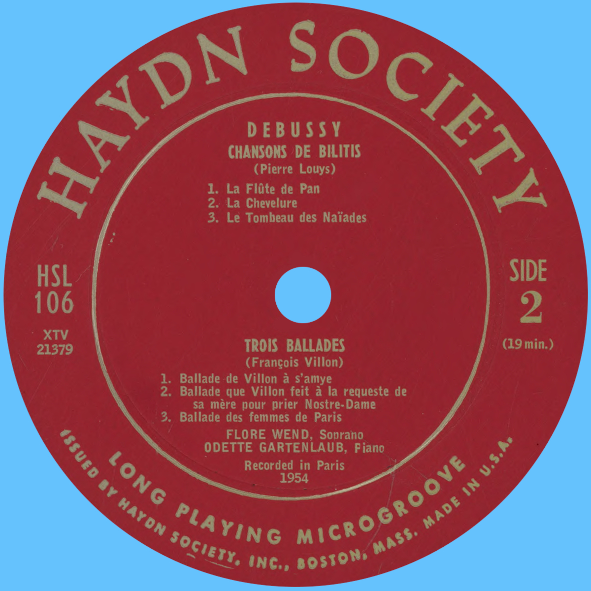 Étiquette verso du disque „The Haydn Society Boston“ HSL 106