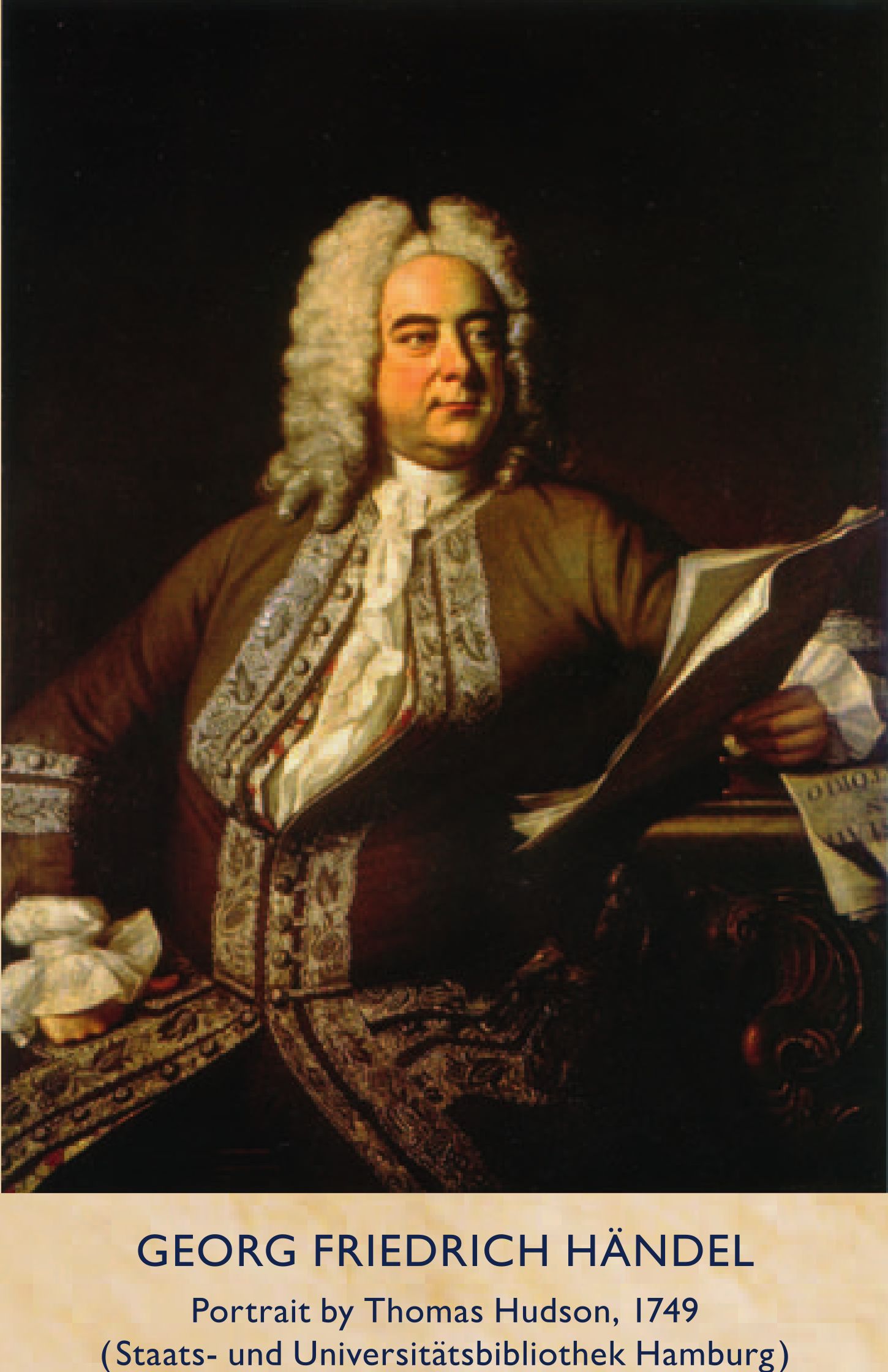 Georg-Friedrich HÄNDEL, une peinture datée 1749 du peintre HUDSON (Staats- und Universitätsbibliothek Hamburg)