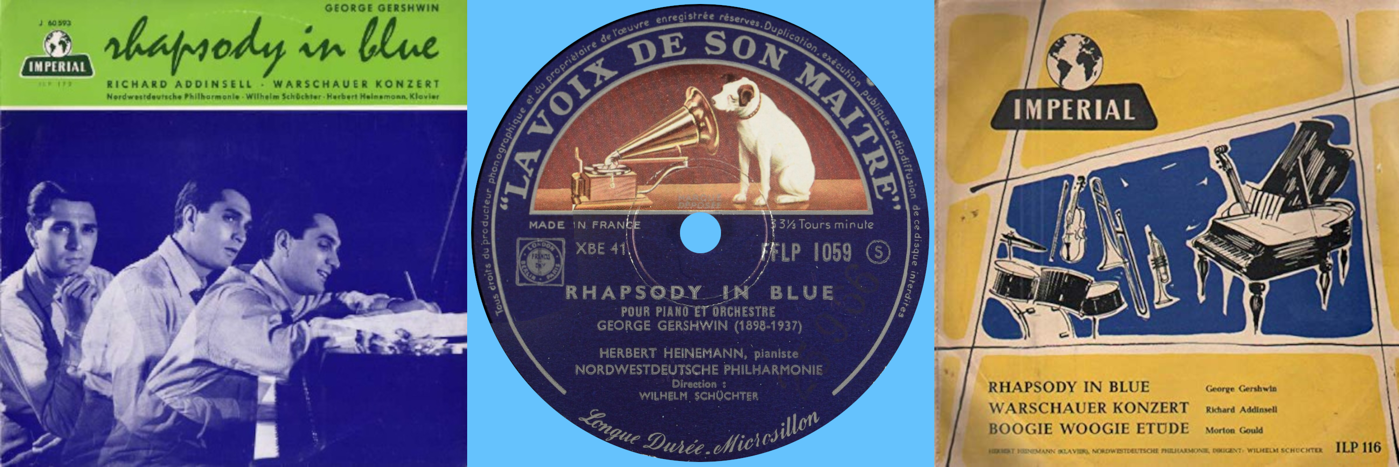 Recto de la pochette du disque Imperial ILP 172, étiquette recto du disque La Voix de son maître FFLP 1059, recto de la pochette du disque Imperial ILP 116