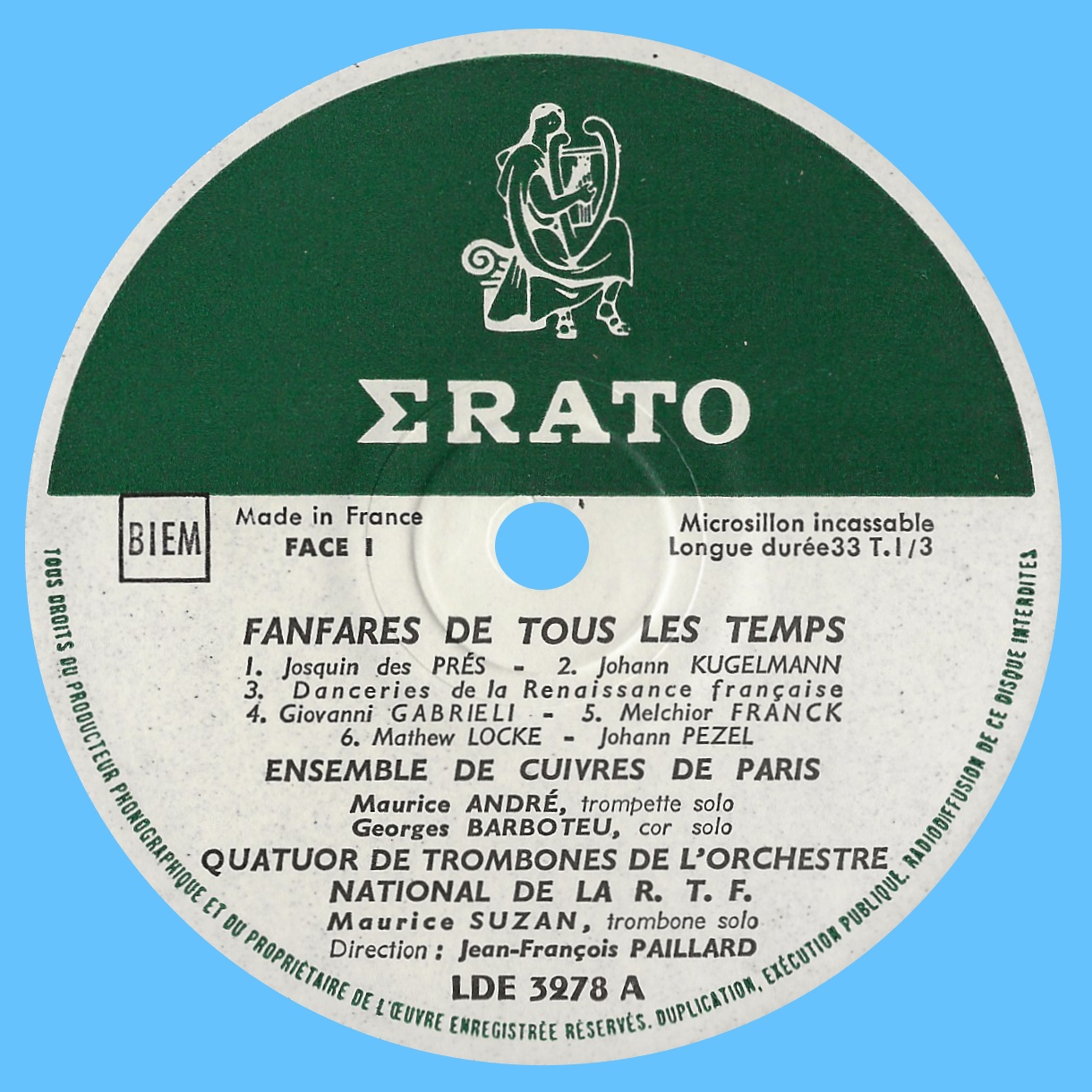 Étiquette recto du disque Erato LDE 3278