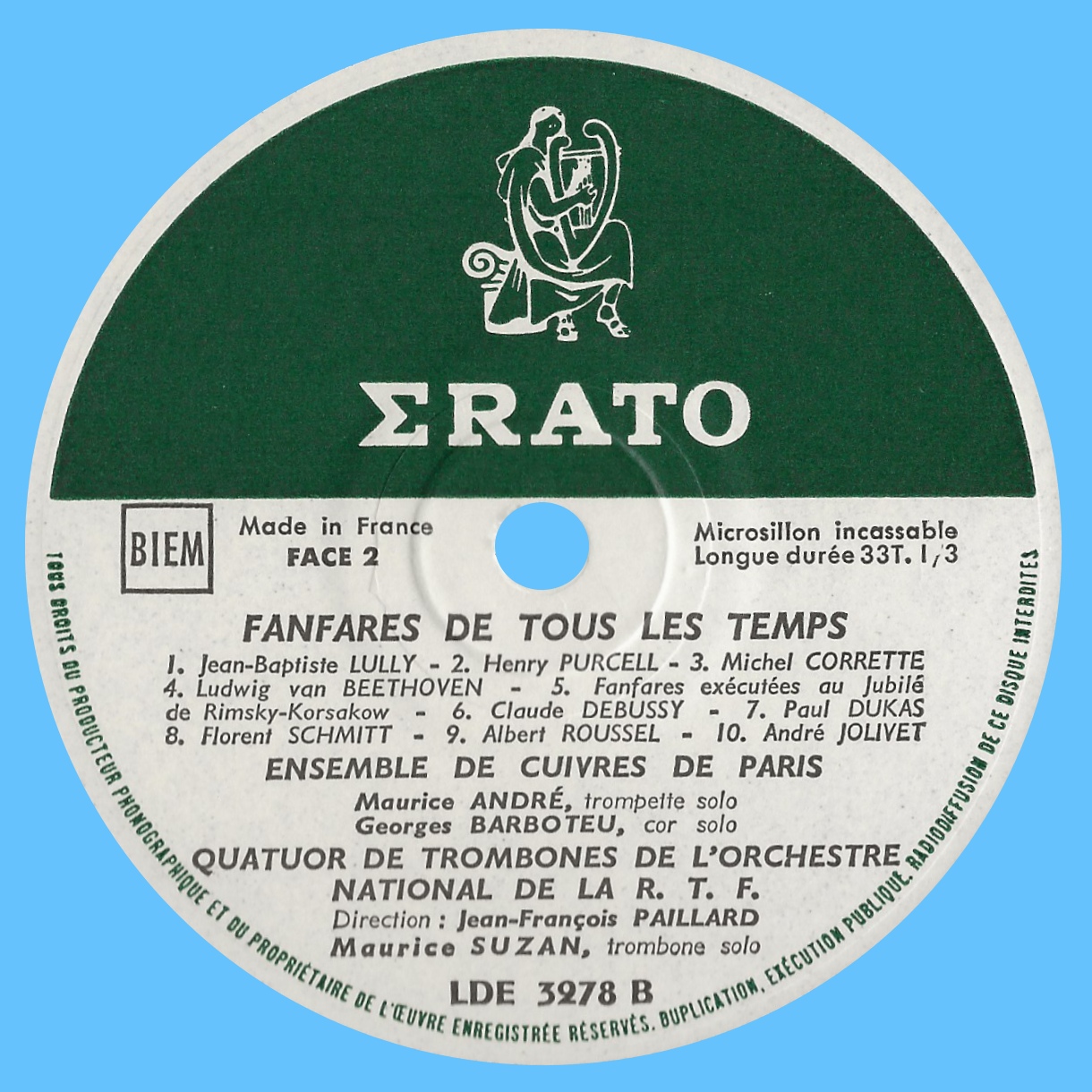 Étiquette verso du disque Erato LDE 3278