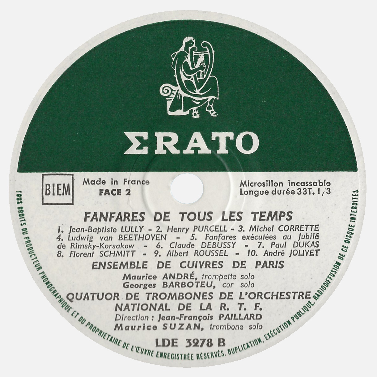 Étiquette verso du disque Erato LDE 3278