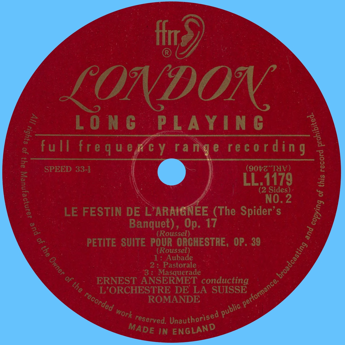Étiquette verso du disque Decca LONDON LL 1179