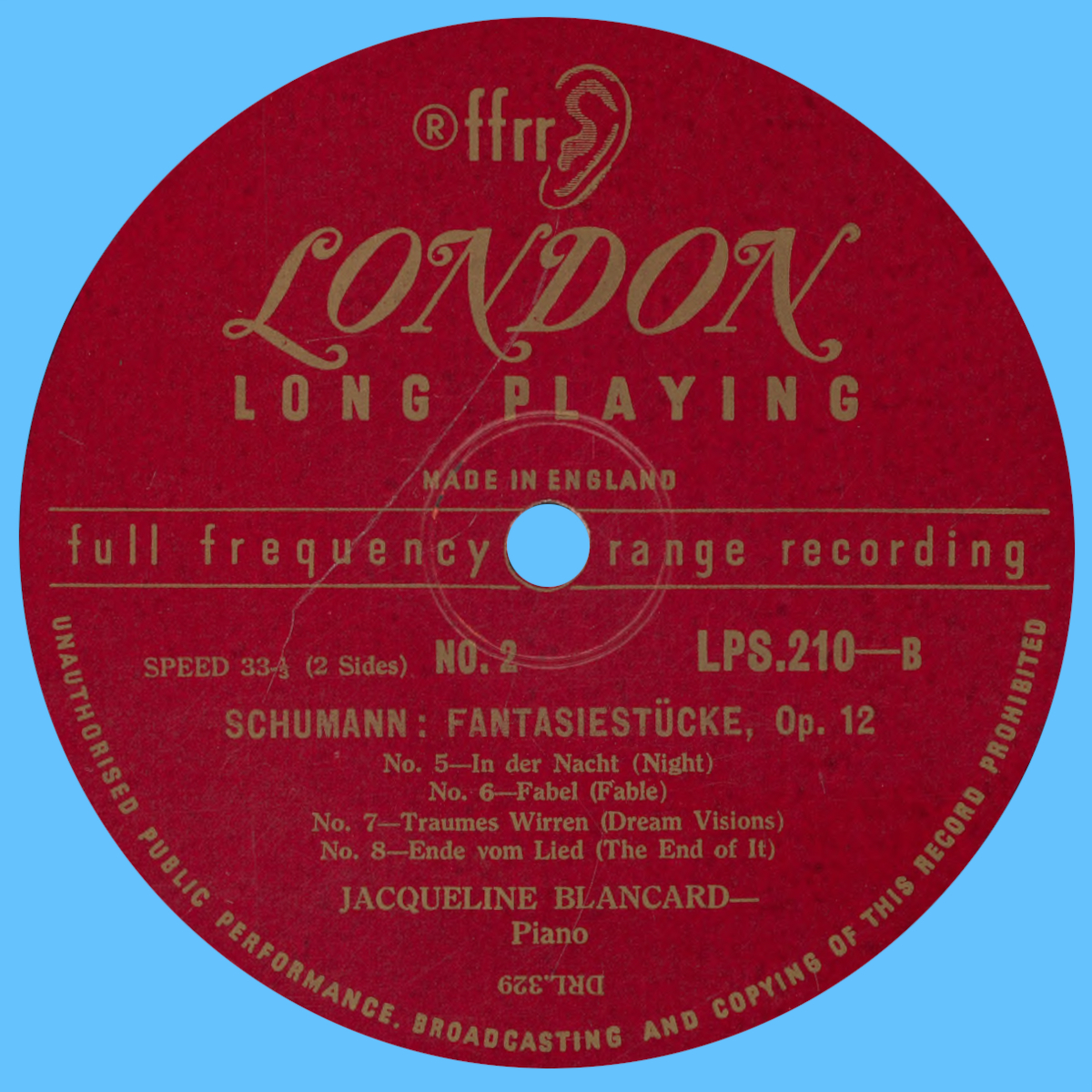 Étiquette verso du disque Decca LONDON LPS 210