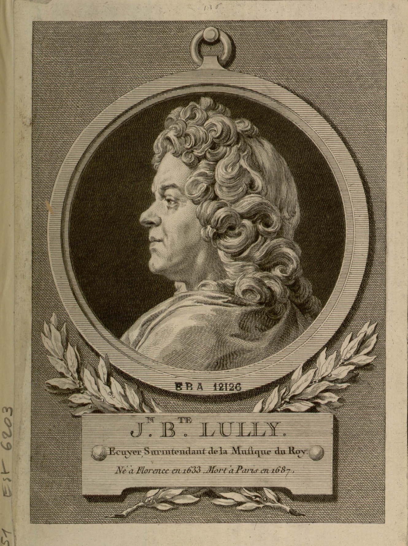 Lully, Jean-Baptiste (1632-1687), Eau-forte 17,8 x 12,8 cm (au trait); 20 x 14,2 cm, Source: ENSBA PC 12126; Legs: Gatteaux, NUM EST 6203, Service des collections de l'Ecole Nationale Supérieure des Beaux-Arts, cliquer pour une vue agrandie