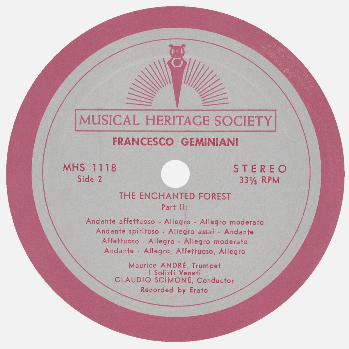 Étiquette verso du disque The Musical Heritage Society Inc. MHS 1178