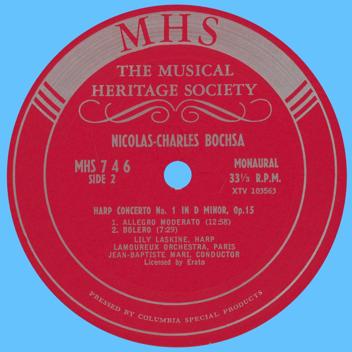Étiquette verso du disque The Musical Heritage Society Inc. MHS 746