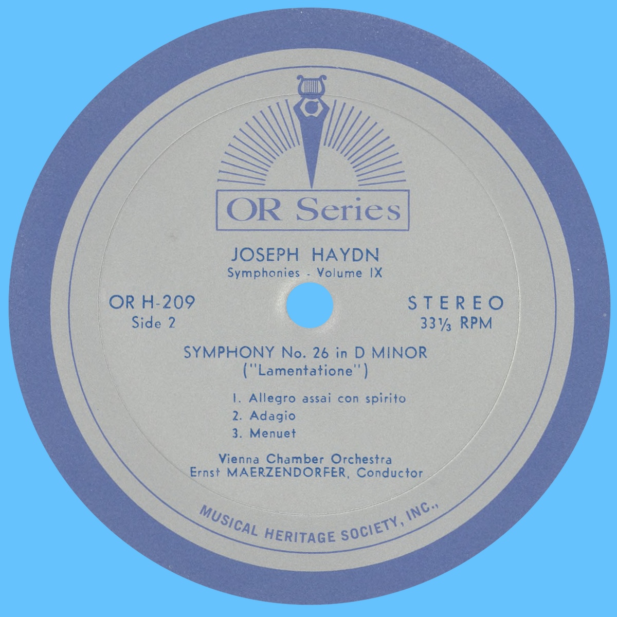 Étiquette verso du disque «The Musical Heritage Society Inc.» MHS OR H-209