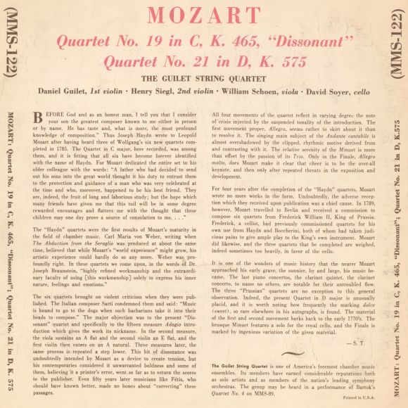 Verso de la pochette du disque „The Musical Masterpiece Society“ MMS 122