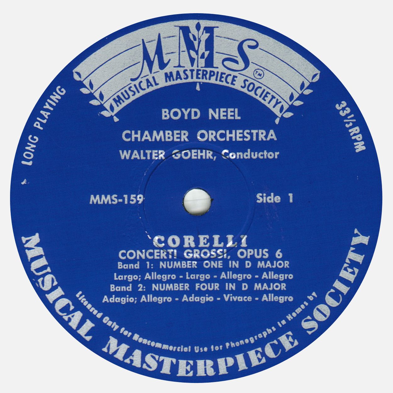 Étiquette recto du disque «Musical Masterpiece Society» MMS-159, cliquer pour une vue agrandie