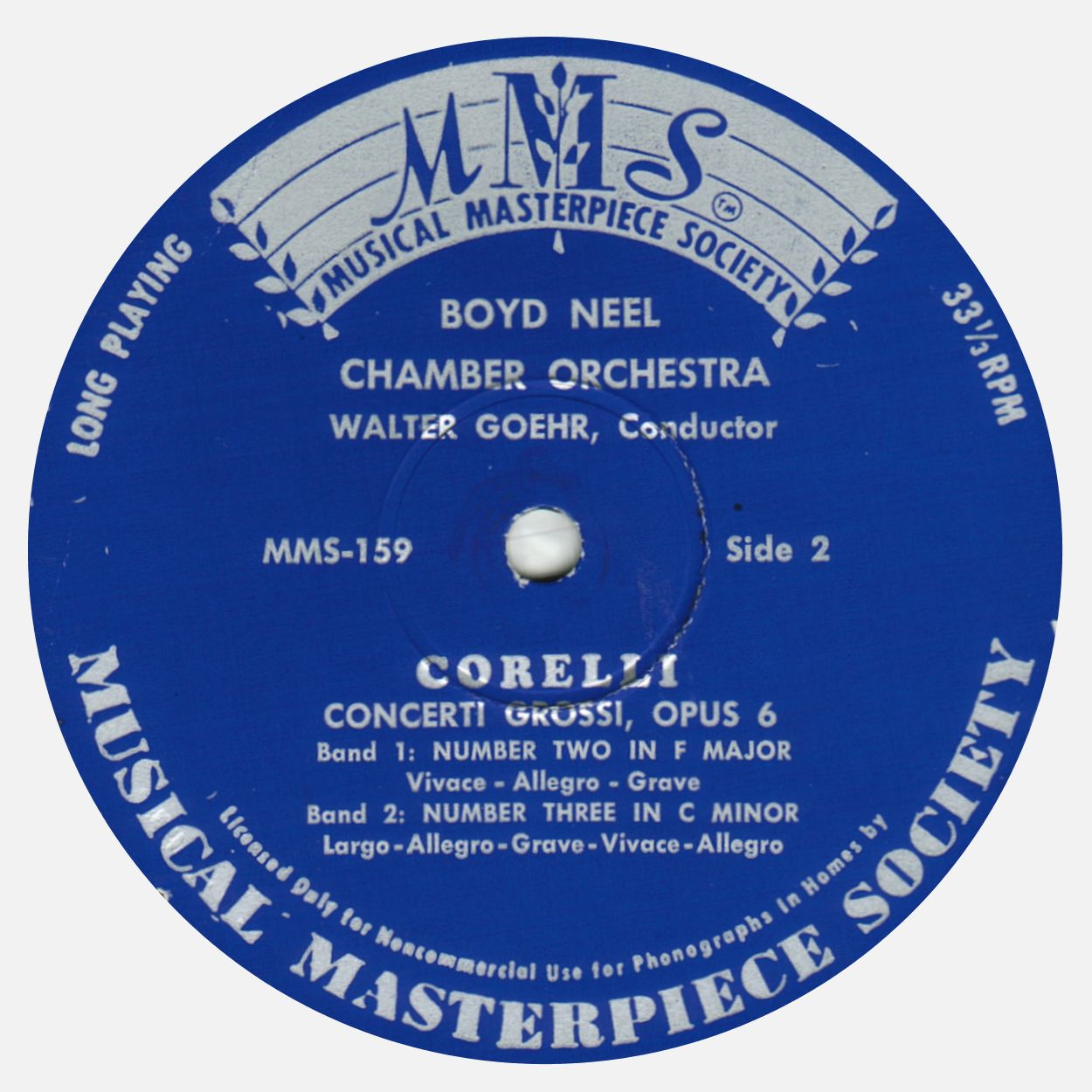 Étiquette verso du disque «Musical Masterpiece Society» MMS-159, cliquer pour une vue agrandie