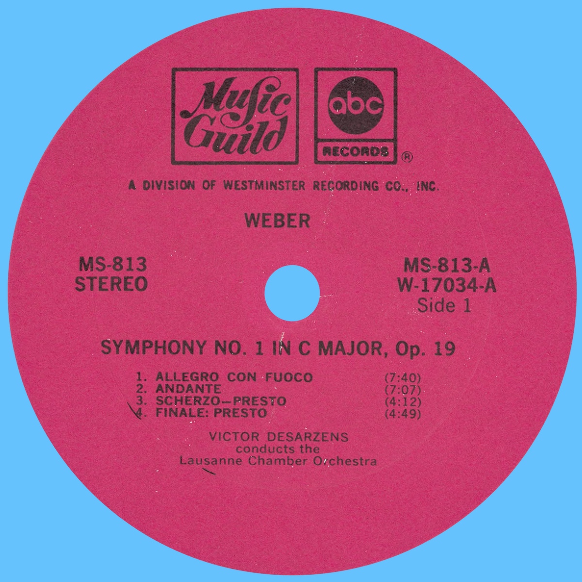 Étiquette recto du disque Music Guild MS 813