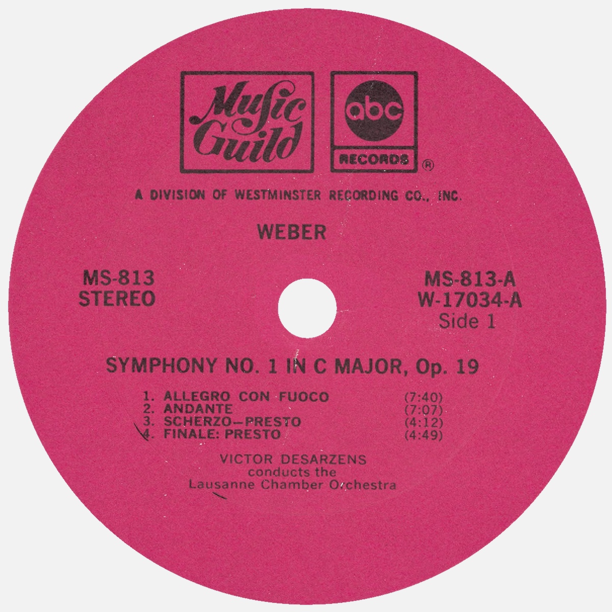 Étiquette recto du disque Music Guild MS 813