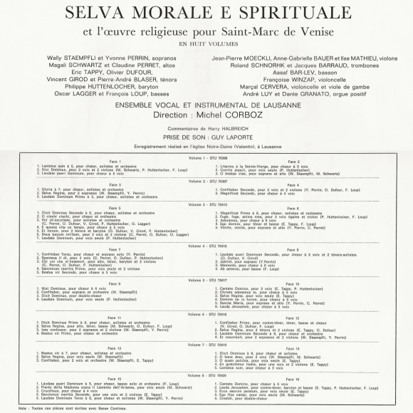 Claudio MONTEVERDI, Selva Morale et l'oeuvre religieuse pour Saint-Marc de Venise, EVL, EIL, Michel CORBOZ, Claudio MONTEVERDI, Selva Morale et l'oeuvre religieuse pour Saint-Marc de Venise, EVL, EIL, Michel CORBOZ, distribution et contenu